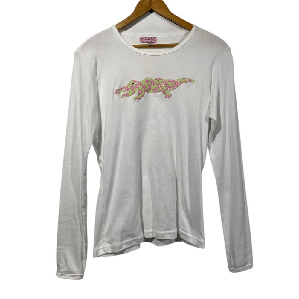 Devon Womens White Long Sleeve Gator T-Shirt Pink Green Lilly Fabric Sz XL Prep